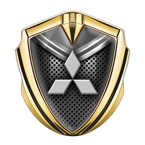 Mitsubishi Emblem Badge Self Adhesive Gold Metal Grate Grey Crest