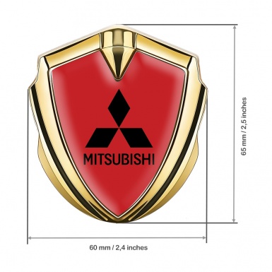 Mitsubishi Fender Emblem Badge Gold Red Background Black Logo Motif