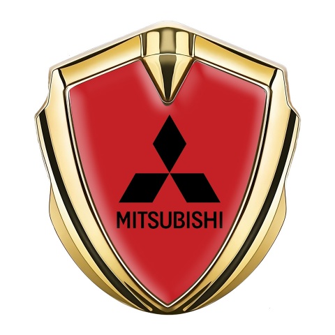 Mitsubishi Fender Emblem Badge Gold Red Background Black Logo Motif