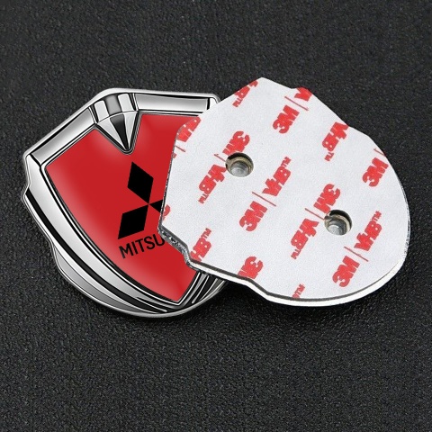 Mitsubishi Fender Emblem Badge Silver Red Background Black Logo Motif