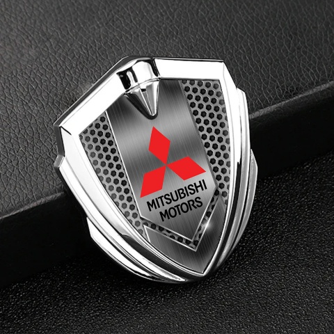 Mitsubishi Emblem Self Adhesive Silver Honeycomb Pattern Red Logo