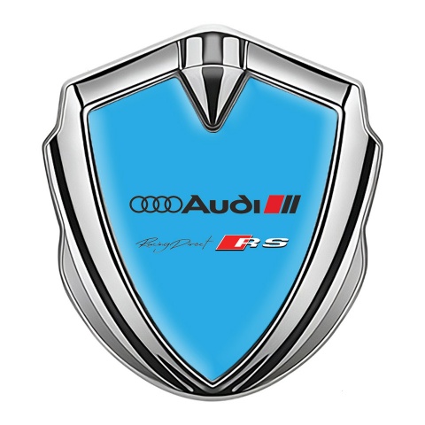 Audi RS Emblem Badge Self Adhesive Silver Sky Blue Base Sport Logo