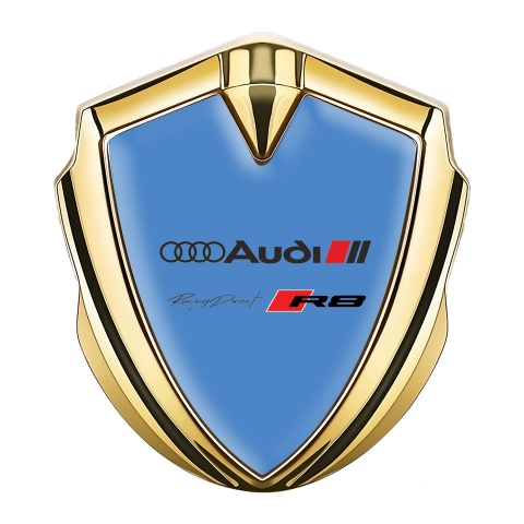 Audi R8 Metal 3D Domed Emblem Gold Blue Fill Racing  Direct Edition
