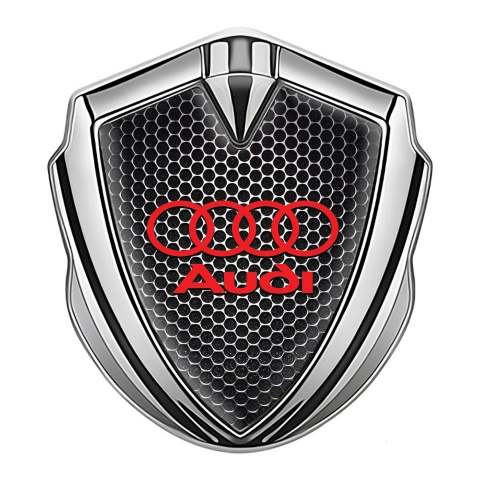 Audi Emblem Self Adhesive Silver Dark Metallic Mesh Red Logo