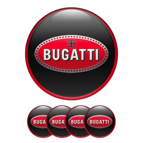 Bugatti Silicone Stickers Wheel Center Cap Black with Red Logo and Ring
