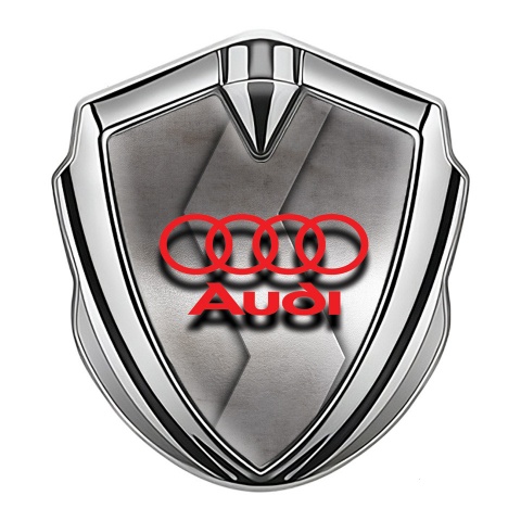 Audi Fender Emblem Badge Silver Rough Metallic Texture Red Logo