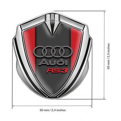 Audi RS3 Emblem Car Badge Silver Red Frame Dark Grey Column