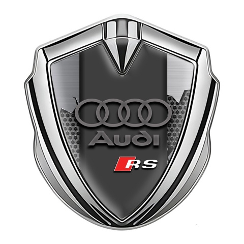Audi RS Metal Emblem Self Adhesive Silver Torn Metal Effect Grey Rings