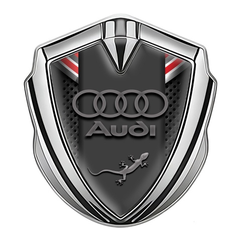 Audi Quattro Metal 3D Domed Emblem Silver Dark Mesh Red Fragments