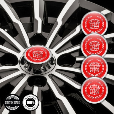 Cadillac Domed Stickers for Wheel Center Caps Red White Laurel Design