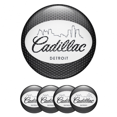 Cadillac Center Wheel Caps Stickers Dark Mesh White Detroit Outline