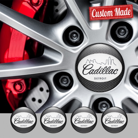 Cadillac Center Wheel Caps Stickers Dark Mesh White Detroit Outline
