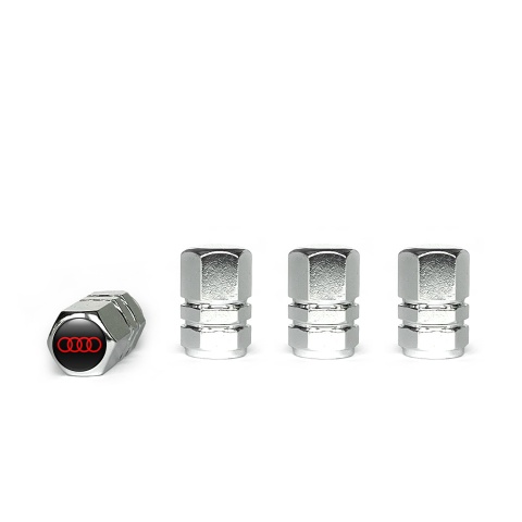 Audi Valve Caps Chrome 4 pcs Black Silicone Sticker with Red Logo