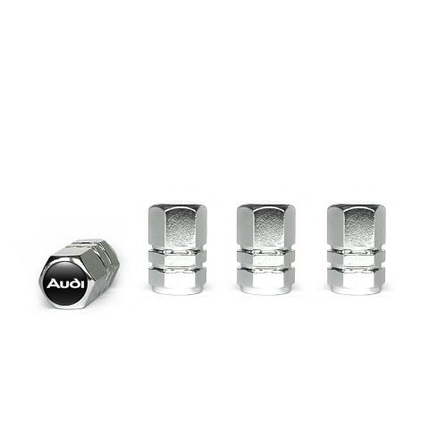 Audi Valve Caps Chrome 4 pcs Black Silicone Sticker with White Logo