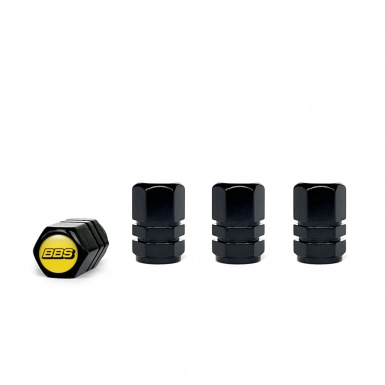 BBS Tyre Valve Caps Black 4 pcs Yellow Silicone Sticker with Black Logo