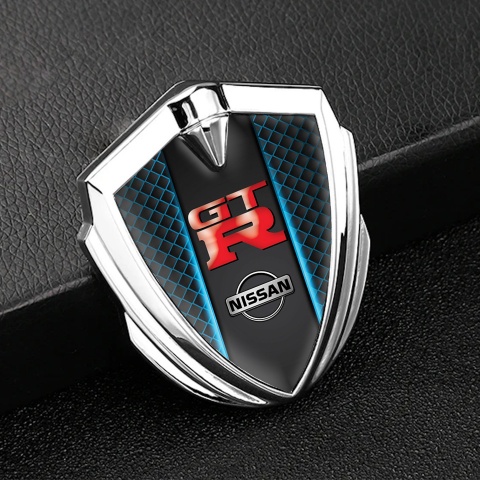 Nissan GTR Fender Emblem Badge Silver Blue Lines Red Logo Design