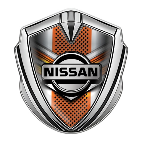 Nissan Metal Domed Emblem Silver Orange Motif Greyscale Logo