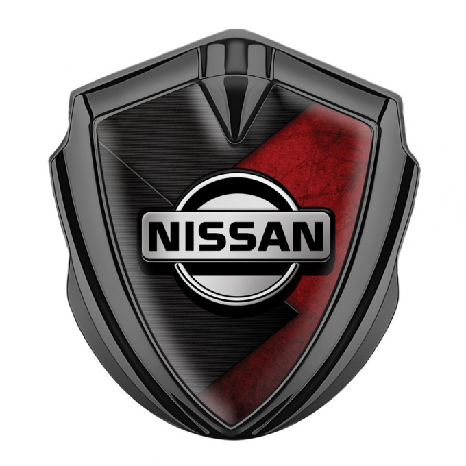 Nissan Emblem Trunk Badge Graphite Dark Red Scratched Surface Design