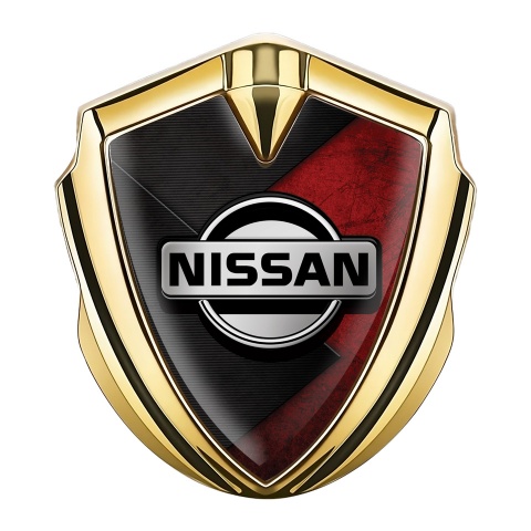 Nissan Emblem Trunk Badge Gold Dark Red Scratched Surface Design