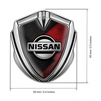 Nissan Emblem Trunk Badge Silver Dark Red Scratched Surface Design