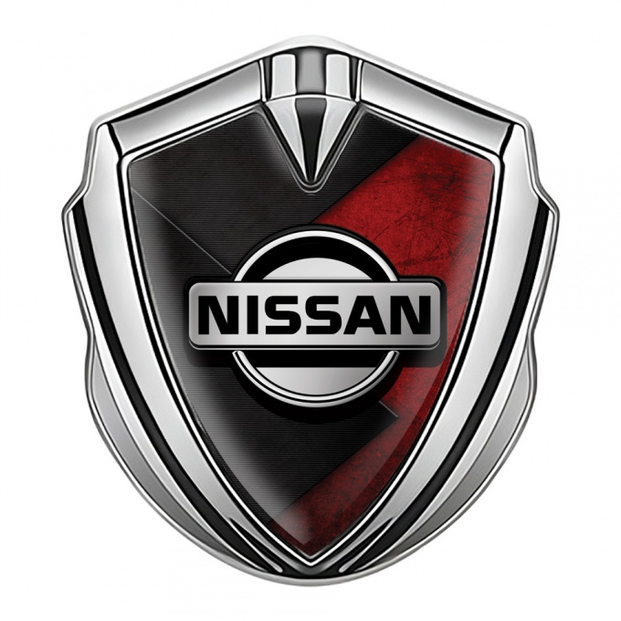 Nissan Emblem Trunk Badge Silver Dark Red Scratched Surface Design