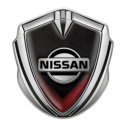 Nissan Domed Emblem Silver Ribbed Base Red V Shaped Element