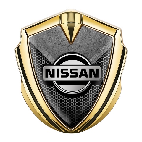 Nissan Bodyside Domed Emblem Gold Hexagon Texture Stone Fragment