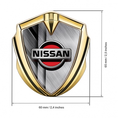 Nissan Domed Badge Gold Brushed Aluminum Effect Red Logo Design