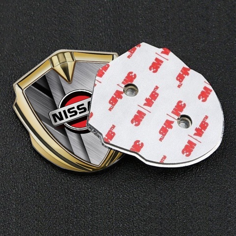 Nissan Domed Badge Gold Brushed Aluminum Effect Red Logo Design