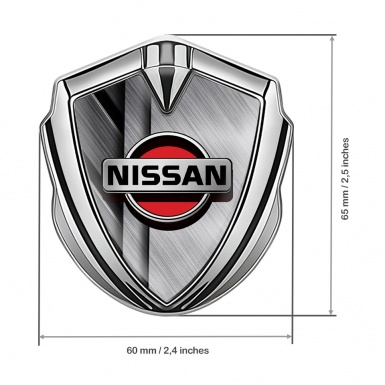 Nissan Domed Badge Silver Brushed Aluminum Effect Red Logo Design