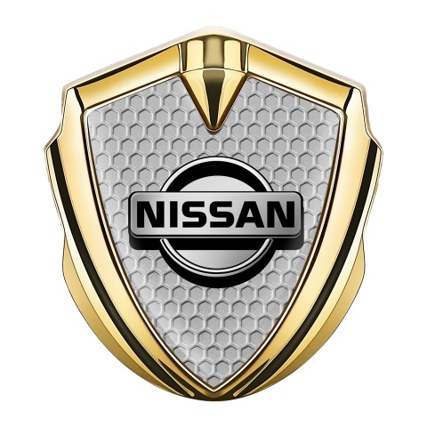 Nissan Emblem Badge Gold Grey Honeycomb Motif Metallic Logo