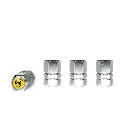 Fiat Abarth Valve Caps Chrome 4 pcs Yellow Silicone Sticker with Black Logo