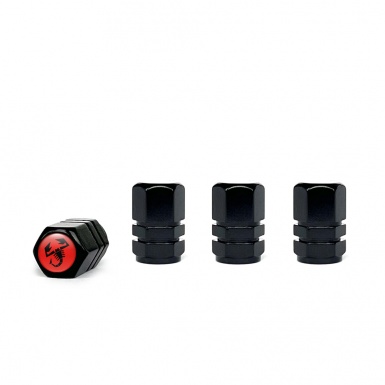 Fiat Abarth Valve Caps Black 4 pcs Red Silicone Sticker with Black Logo