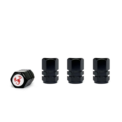 Fiat Abarth Valve Caps Black 4 pcs White Silicone Sticker with Red Logo