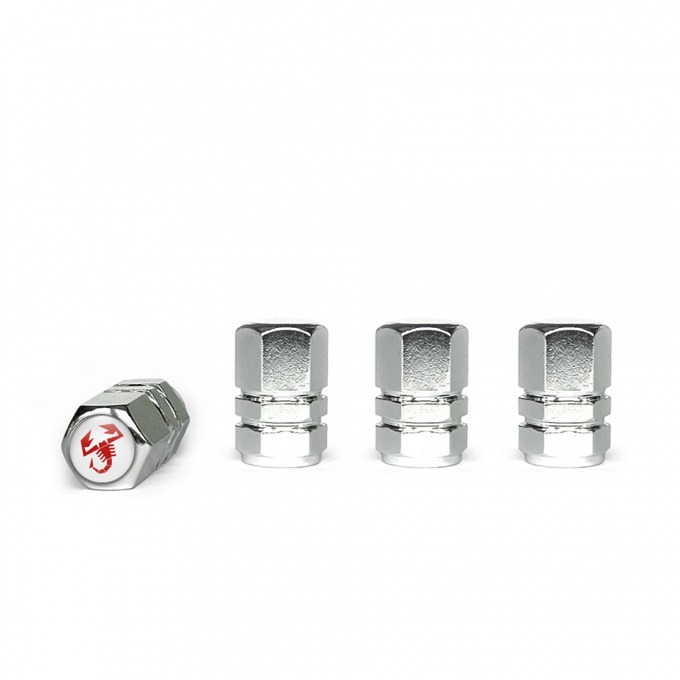 Fiat Abarth Valve Caps Chrome 4 pcs White Silicone Sticker with Red Logo