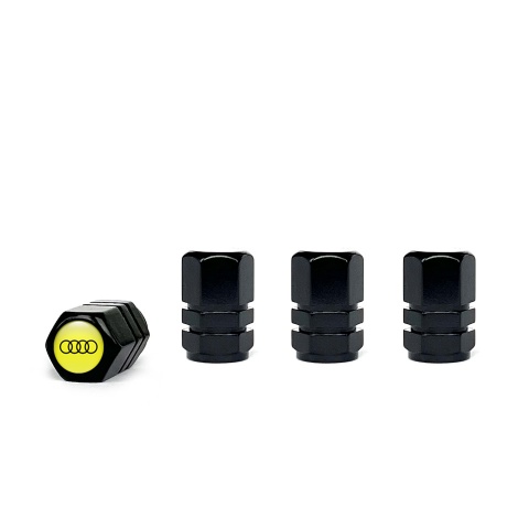 Audi Valve Caps Black 4 pcs Yellow Silicone Sticker with Black Logo
