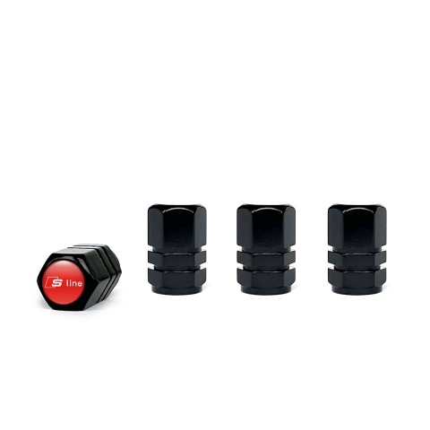 Audi S line Valve Caps Black 4 pcs Red Silicone Sticker with White Logo