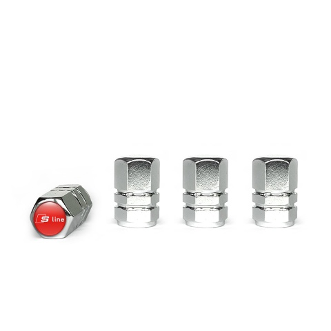 Audi S line Valve Caps Chrome 4 pcs Red Silicone Sticker with White Logo
