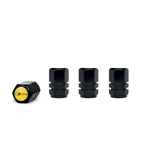 Audi S line Valve Caps Black 4 pcs Yellow Silicone Sticker with Black Logo