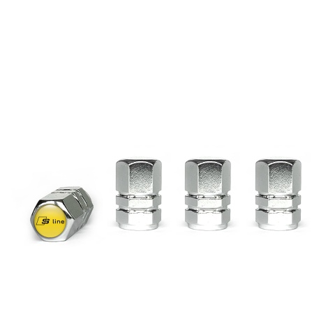 Audi S line Valve Caps Chrome 4 pcs Yellow Silicone Sticker with Black Logo