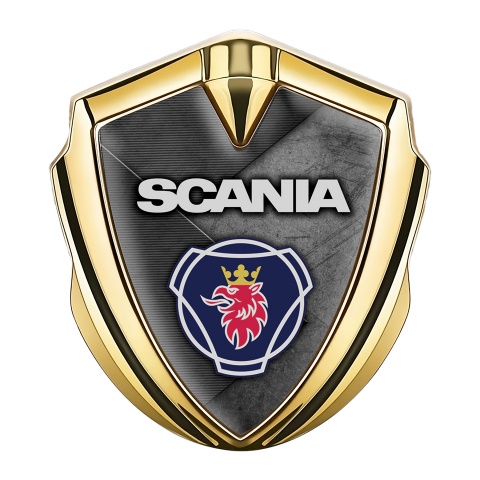 Scania Domed Emblem Gold Scratched Stone Surface Griffin Logo Design