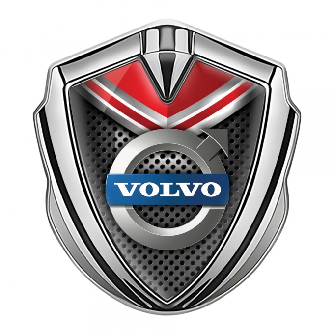 Volvo Bodyside Domed Emblem Silver Red Shield Metallic Mesh Design