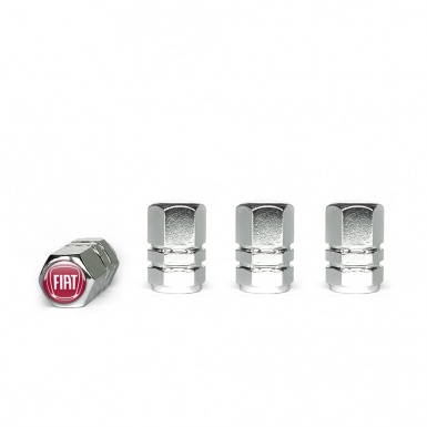 Fiat Valve Caps Chrome 4 pcs Red Silicone Sticker with White Logo