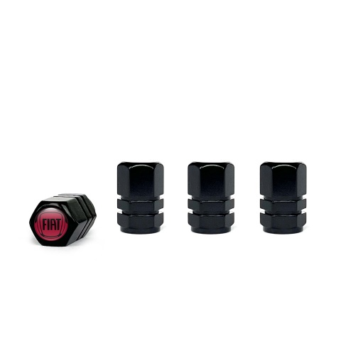 Fiat Valve Caps Black 4 pcs Red Silicone Sticker with Black Logo