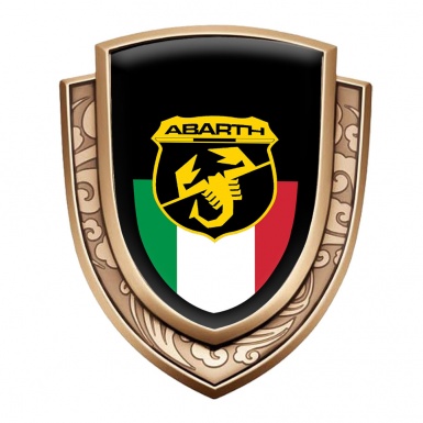 Fiat Abarth Abzeichen selbstklebend Goldtonfarbe Schwarz Basis mit Italienische Flagge Motiv 