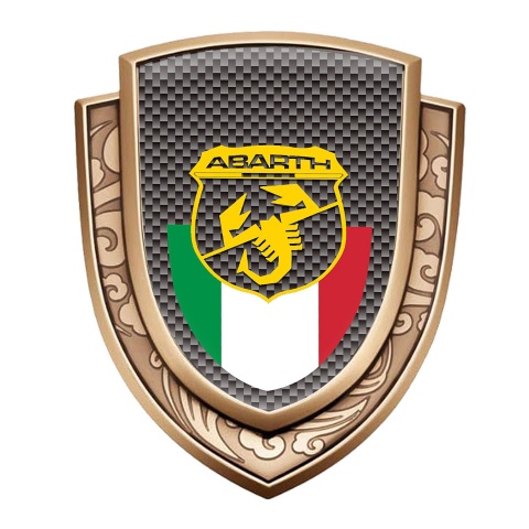 Fiat Abarth Emblem Abzeichen Goldtonfarbe mit Braun Carbon und Italienische Flagge Motiv 