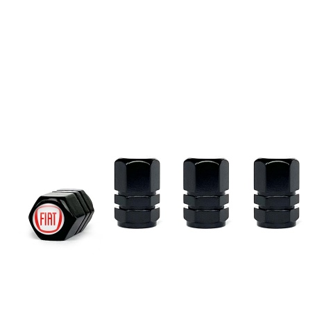 Fiat Valve Caps Black 4 pcs White Silicone Sticker with Red Logo
