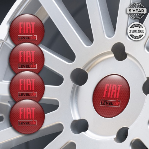 Fiat Wheel Stickers for Center Caps Red Carbon Level Up Slogan Design