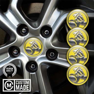 Holden Domed Stickers for Wheel Center Caps Yellow Base Chrome Motif