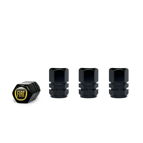 Fiat Valve Caps Black 4 pcs Black Silicone Sticker with Yellow Logo